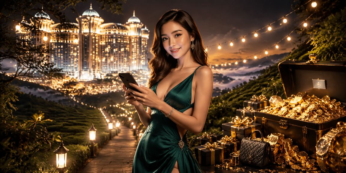 Pemain pjs998 di Genting Highlands membuat deposit menggunakan telefon dengan pemandangan pergunungan Malaysia